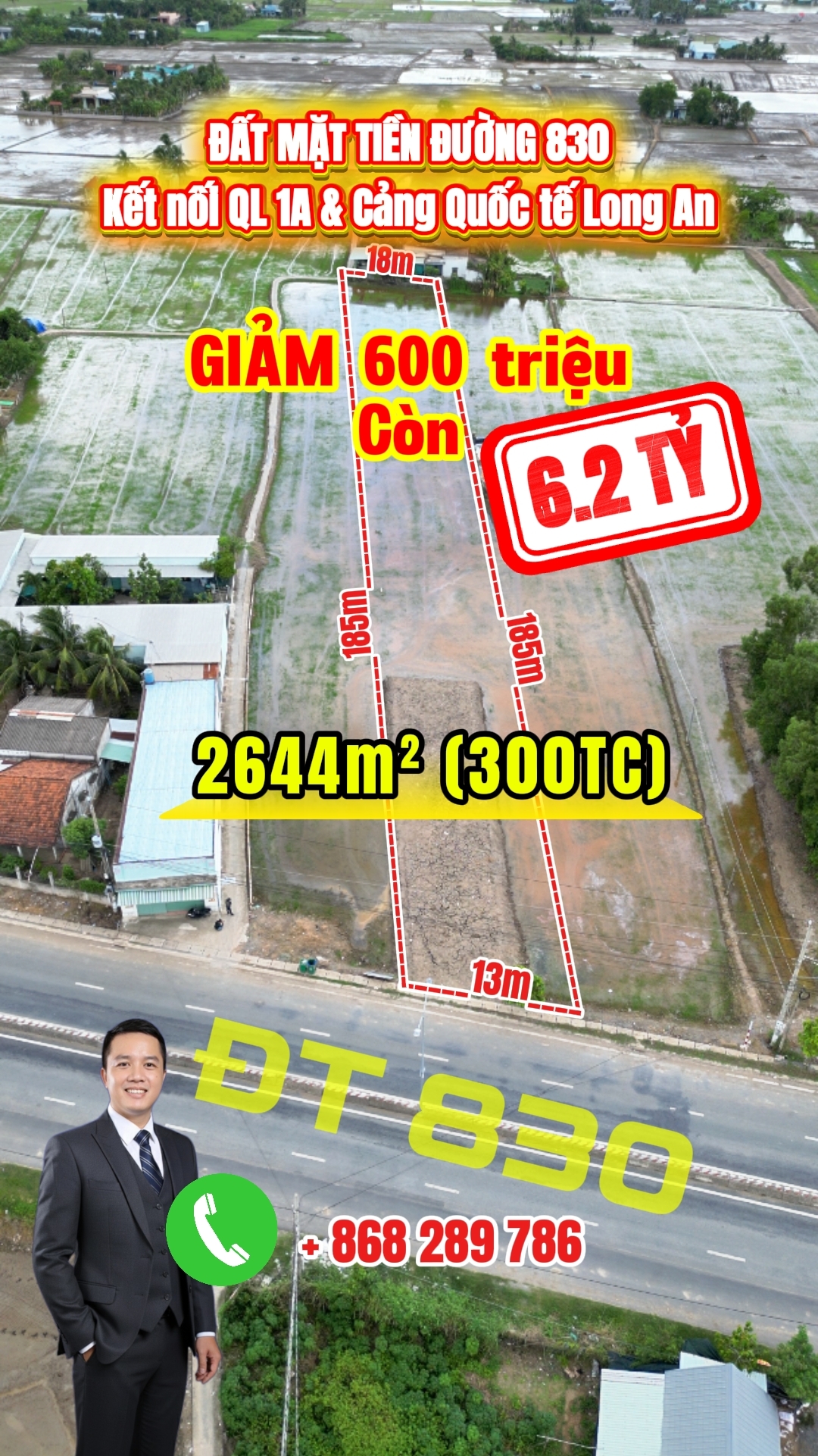 Bán đất mặt tiền đường 830 rộng 2644m² kết nối ql1a & cảng quốc tế long an tại xã mỹ lệ